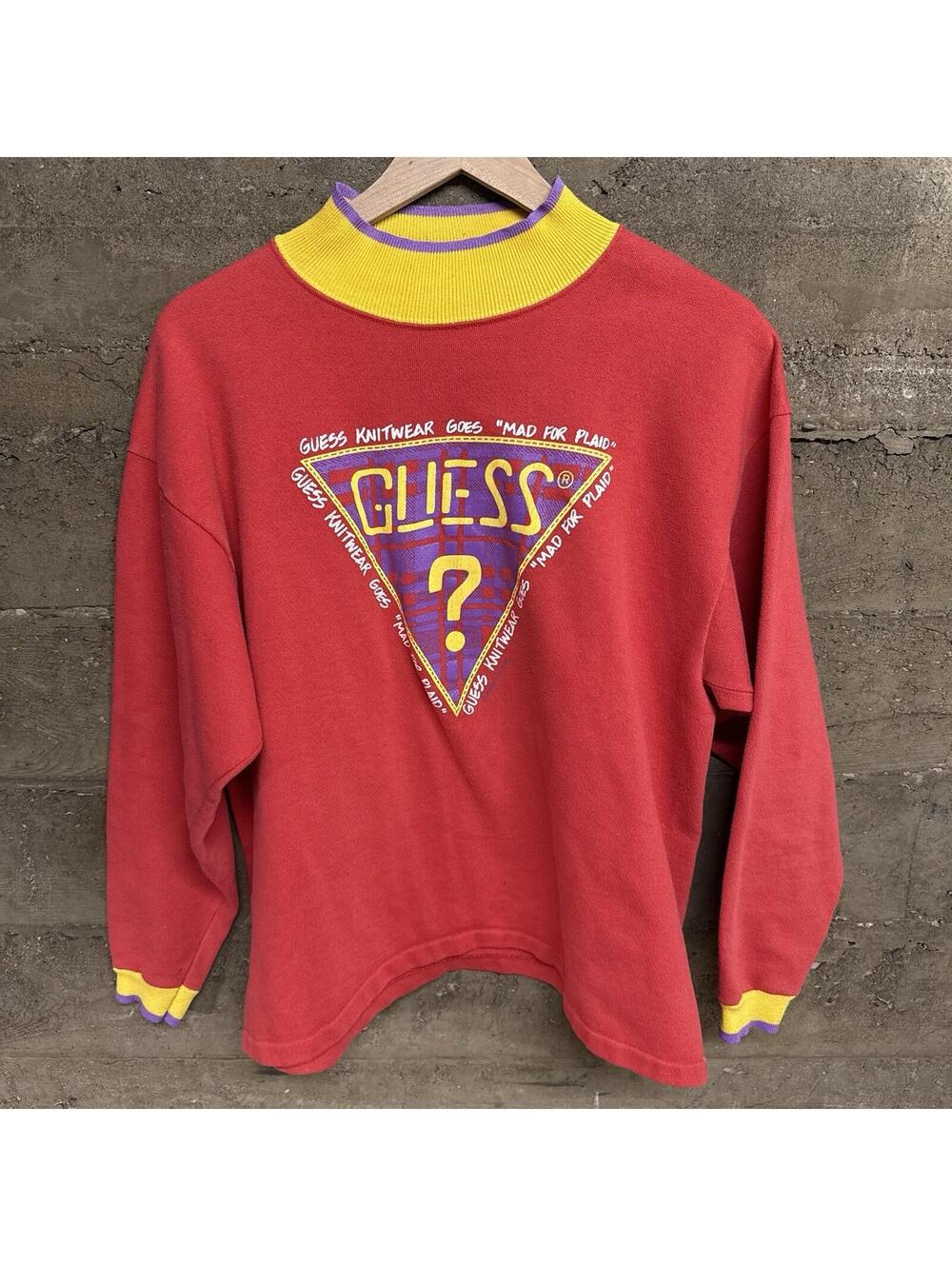 Vintage 90s Guess Knitwear Sweatshirt Made in USA Red Plaid Logo OSFA Marciano